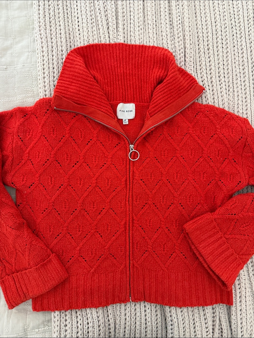 Pink Rose Redish Orange Zip-Up Diamond Cable Knit Sweater bell sleeves